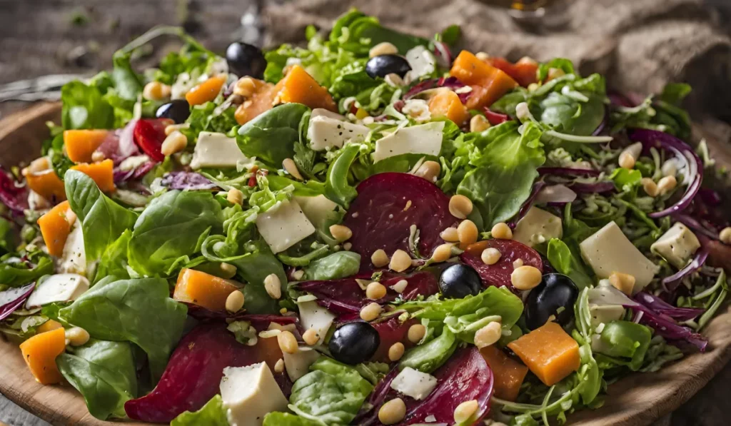 A large wooden bowl filled with a colorful and healthy salad. The salad includes spinach, beets, olives, cheese, nuts, and a vinaigrette dressing.
