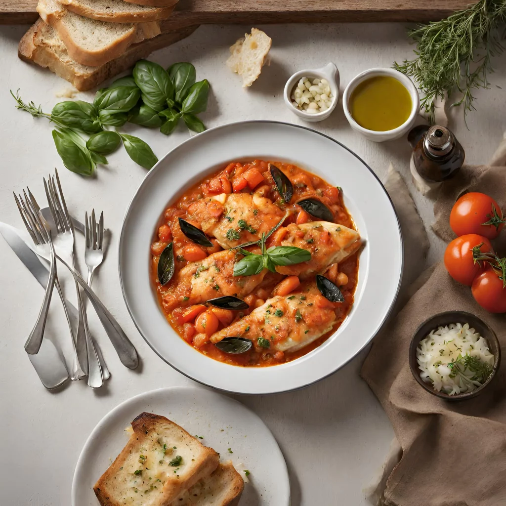 A traditional Italian dish of chicken or fish simmered in a tomato-based sauce with vegetables, herbs, and spices. Burrida is often served with crusty bread.